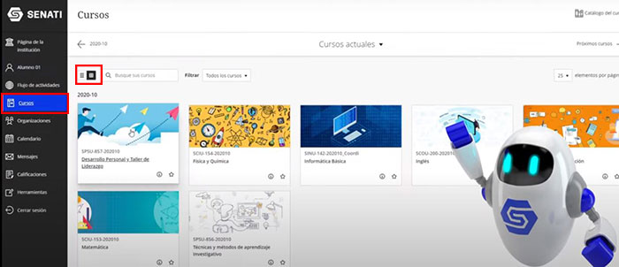 modo vista en el panel de cursos de blackboard senati